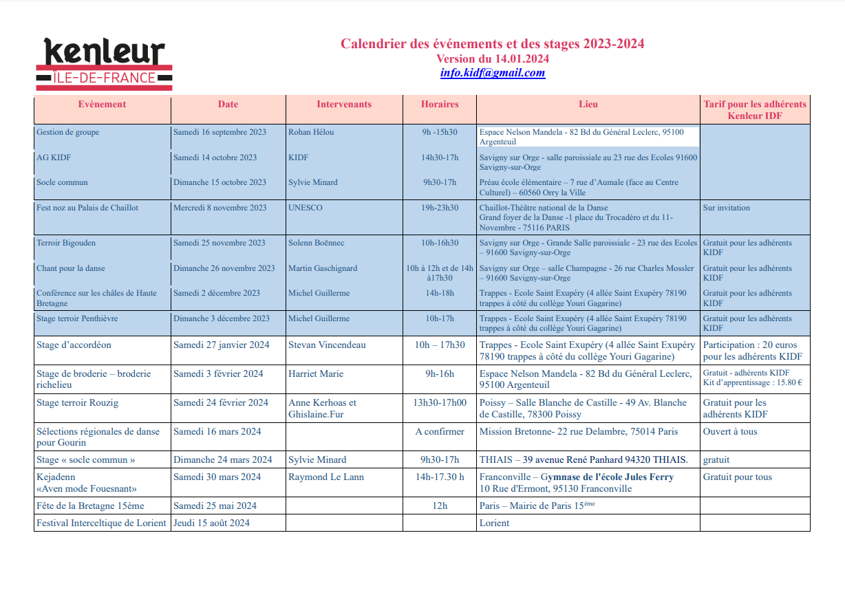 Calendrier kenleur idf 14 01 2024